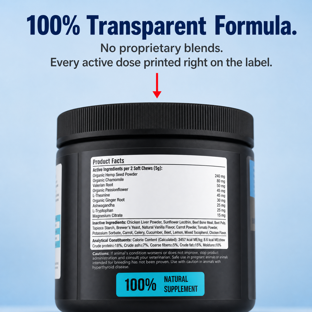 Back label of the calming chew jar